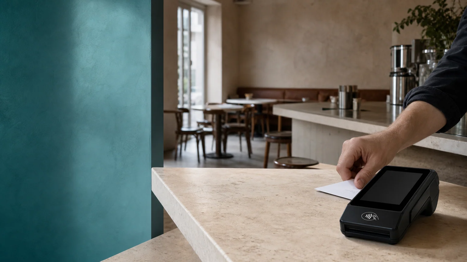 Terminal de paiement sans contact sur le comptoir d'un café français, à l'ouverture.