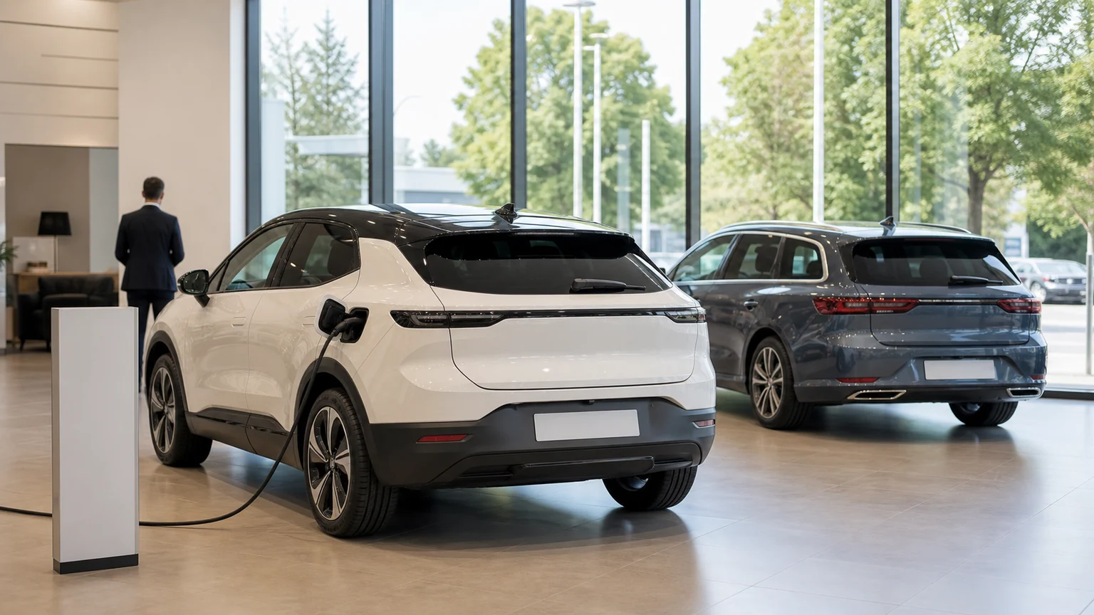 Dans une concession automobile lumineuse, une voiture électrique blanche est branchée à une borne vierge, devant une seconde voiture neuve grise ; un vendeur est vu de dos.