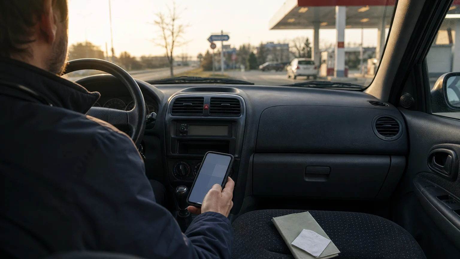 Dans une voiture familiale près d'une station-service française, un conducteur consulte son téléphone avant de partir, avec une carte grise et un ticket de carburant posés sur le siège.