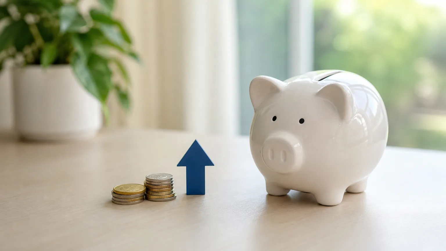 Tirelire blanche, piles de pièces en euros et flèche bleue vers le haut sur une table claire, pour illustrer les super-livrets à taux boosté.