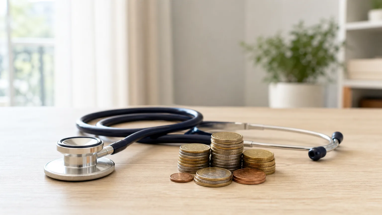 Stéthoscope générique posé près de piles de pièces en euros sur une table claire, pour illustrer la hausse du coût des complémentaires santé.
