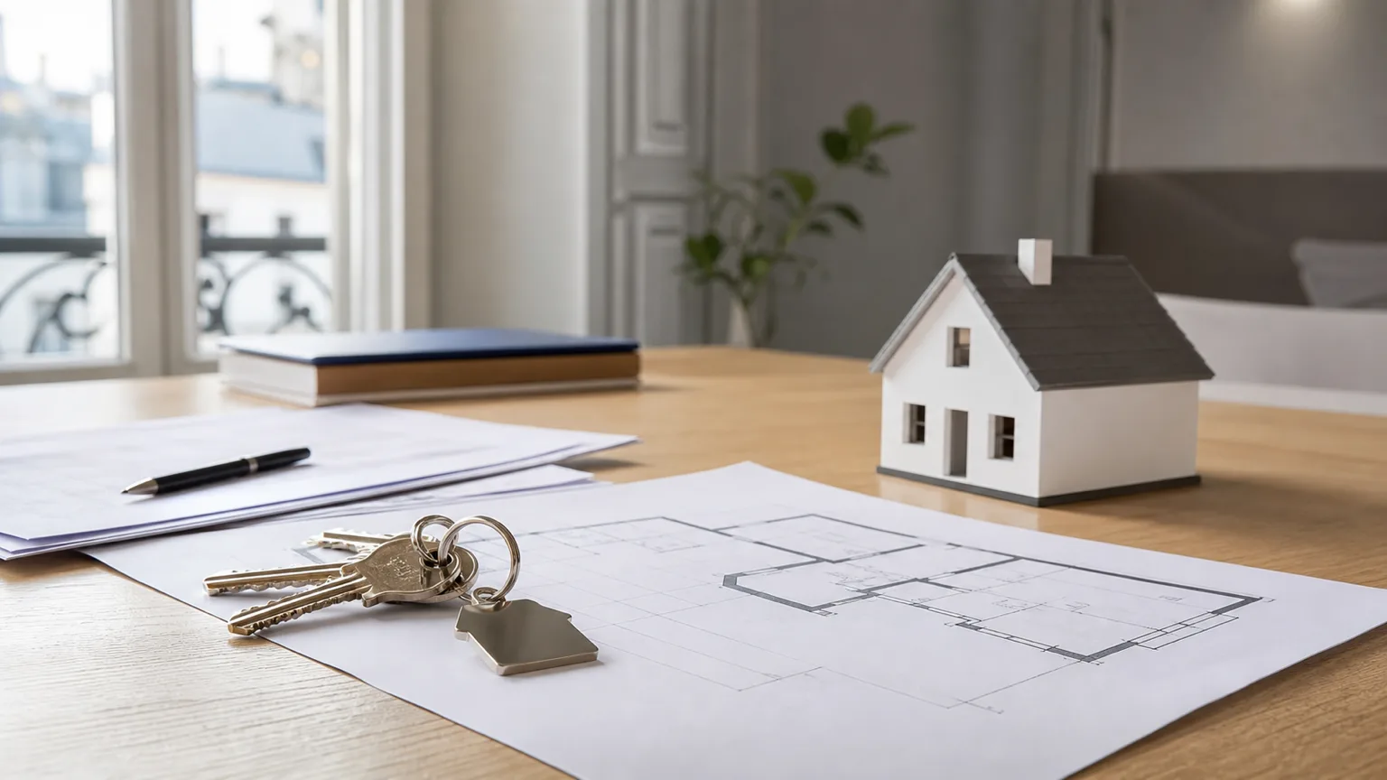 Clés de logement posées sur un plan vierge avec une maquette de maison, pour illustrer un premier achat immobilier financé avec un PTZ.