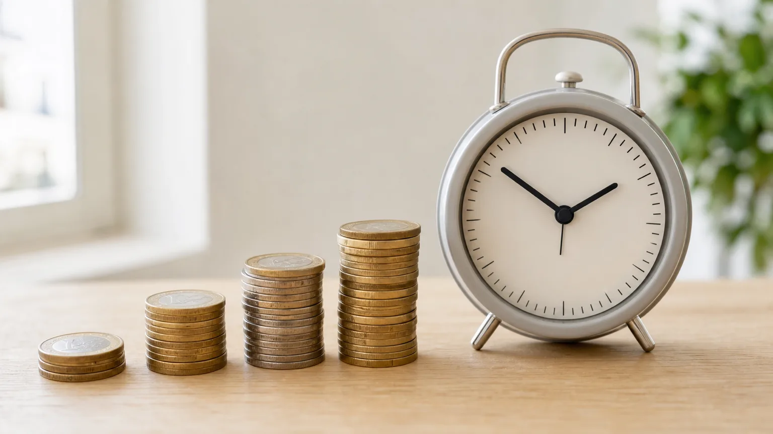 Des piles de pièces en euros à côté d’un réveil analogique sur une table claire, symbole du temps et des pensions de retraite.