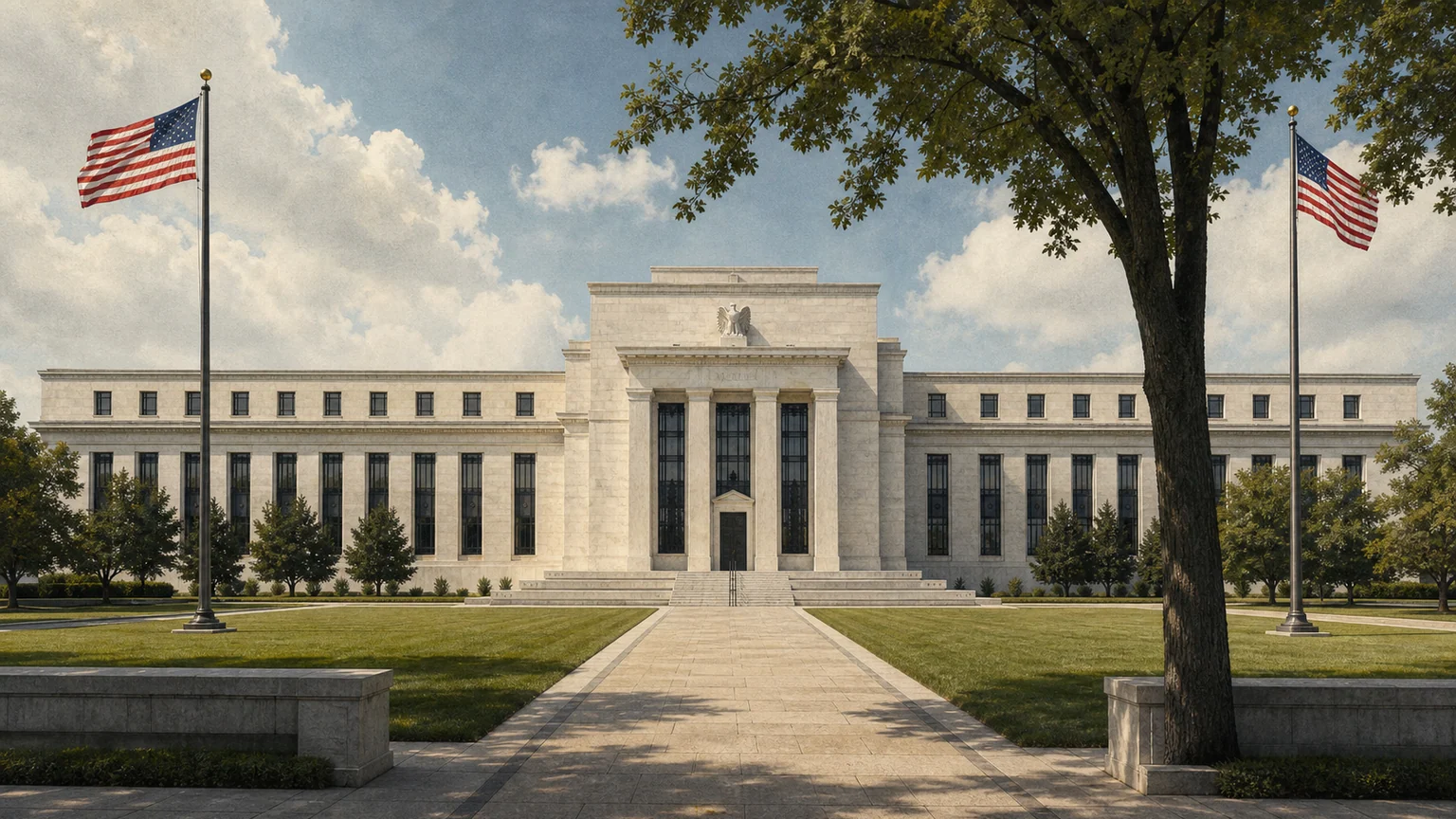 Illustration d’un bâtiment institutionnel de la Réserve fédérale à Washington, encadré de deux drapeaux américains et d’une allée arborée.