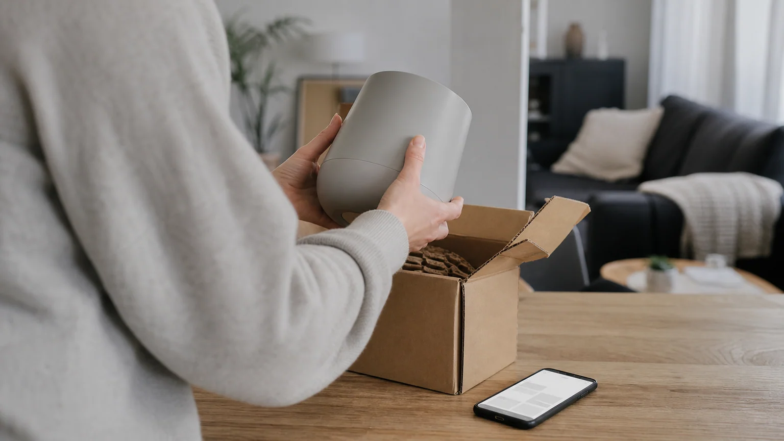 Un consommateur vérifie un produit générique sorti d'un colis neutre, à côté d'un smartphone sans contenu lisible.