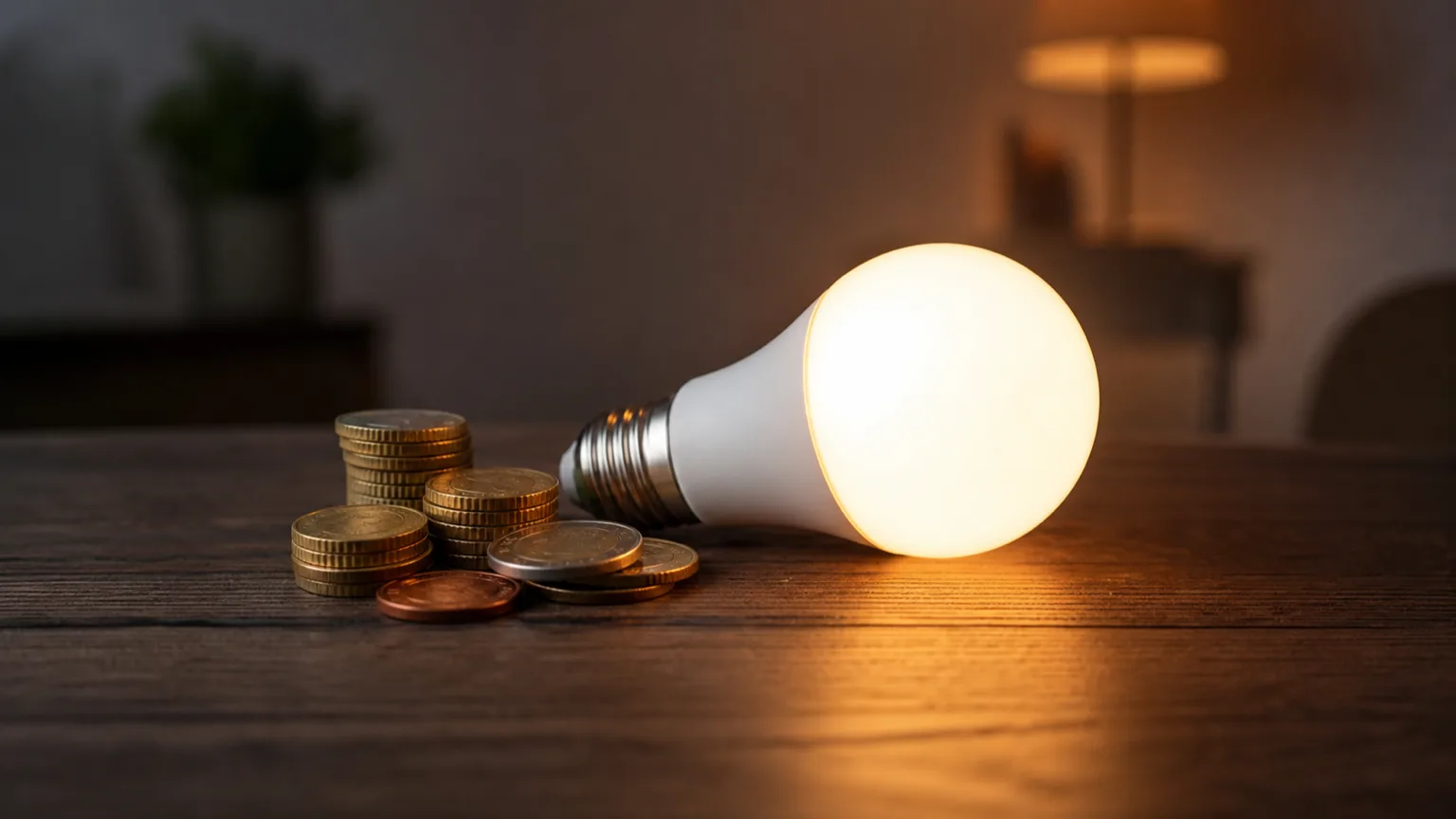 Ampoule LED allumée posée près de pièces en euros sur une table sombre, symbolisant le coût de l’électricité.