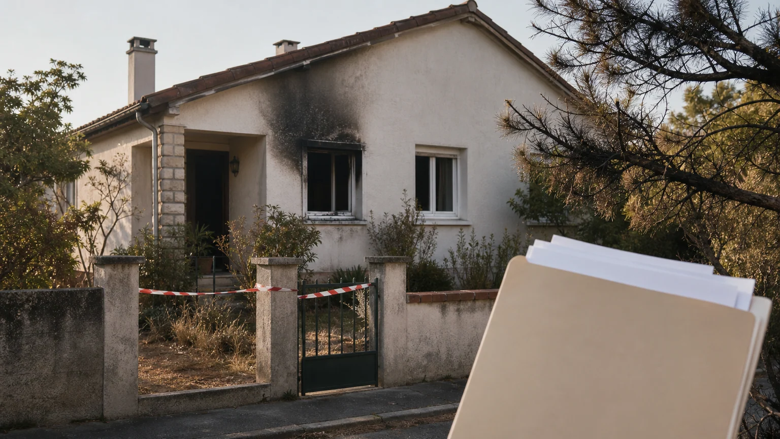 Maison individuelle française légèrement noircie après un incendie, avec un dossier de prêt sans texte au premier plan.