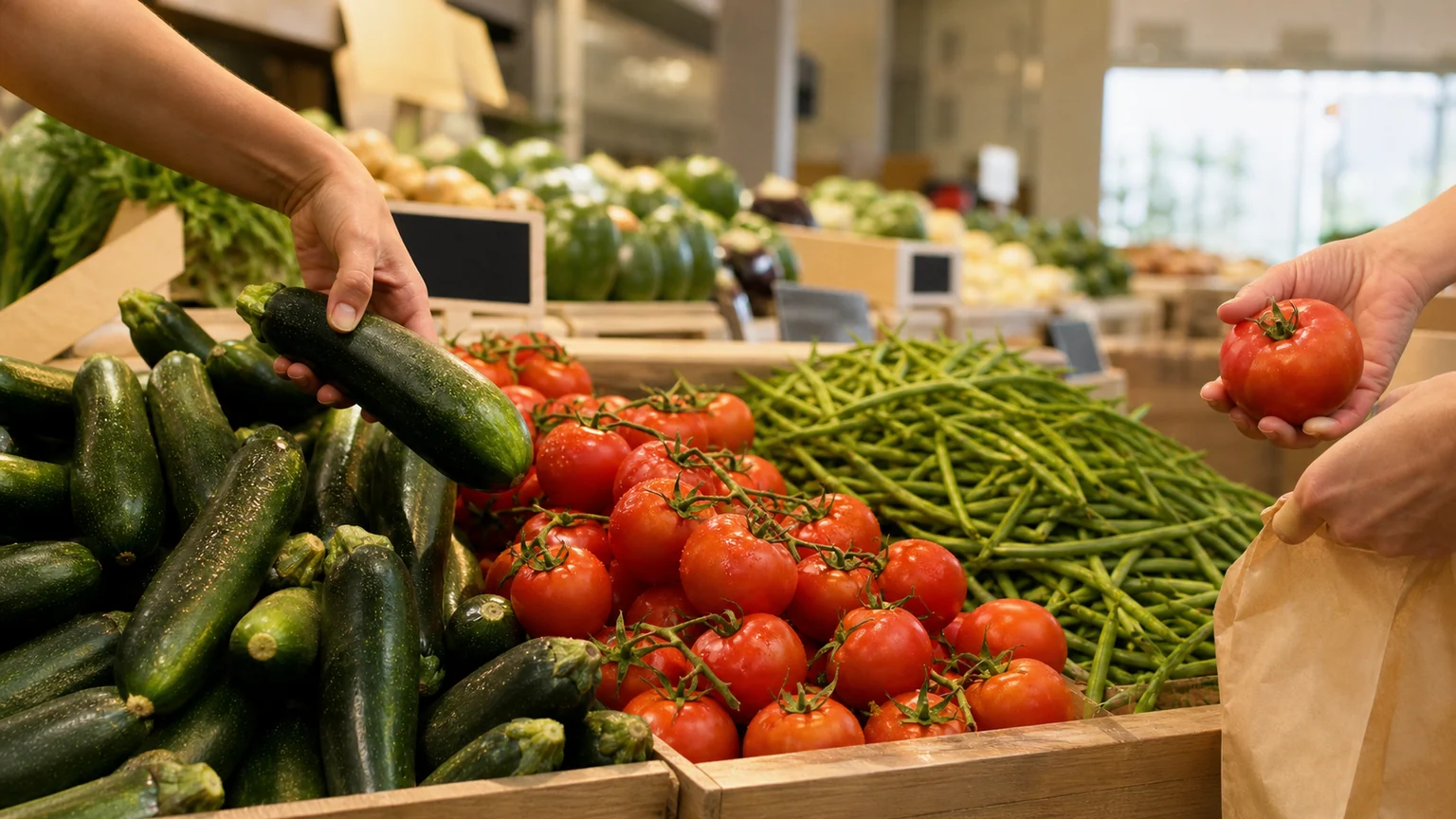 Courgettes, tomates grappes et haricots verts dans le rayon frais d’un supermarché, tandis que deux mains anonymes choisissent des légumes.