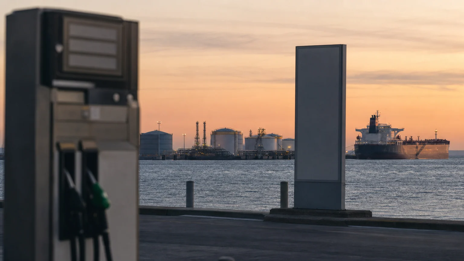 Pompe de station-service floue au premier plan, totem vierge, terminal pétrolier côtier et pétrolier au large au crépuscule.
