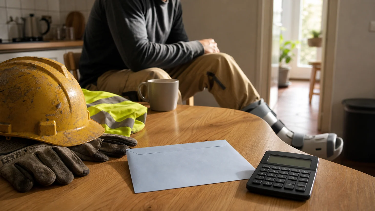 Illustration d’un arrêt de travail après accident : casque de chantier, gilet de sécurité, attelle à la cheville, enveloppe neutre et calculatrice sur une table de cuisine.