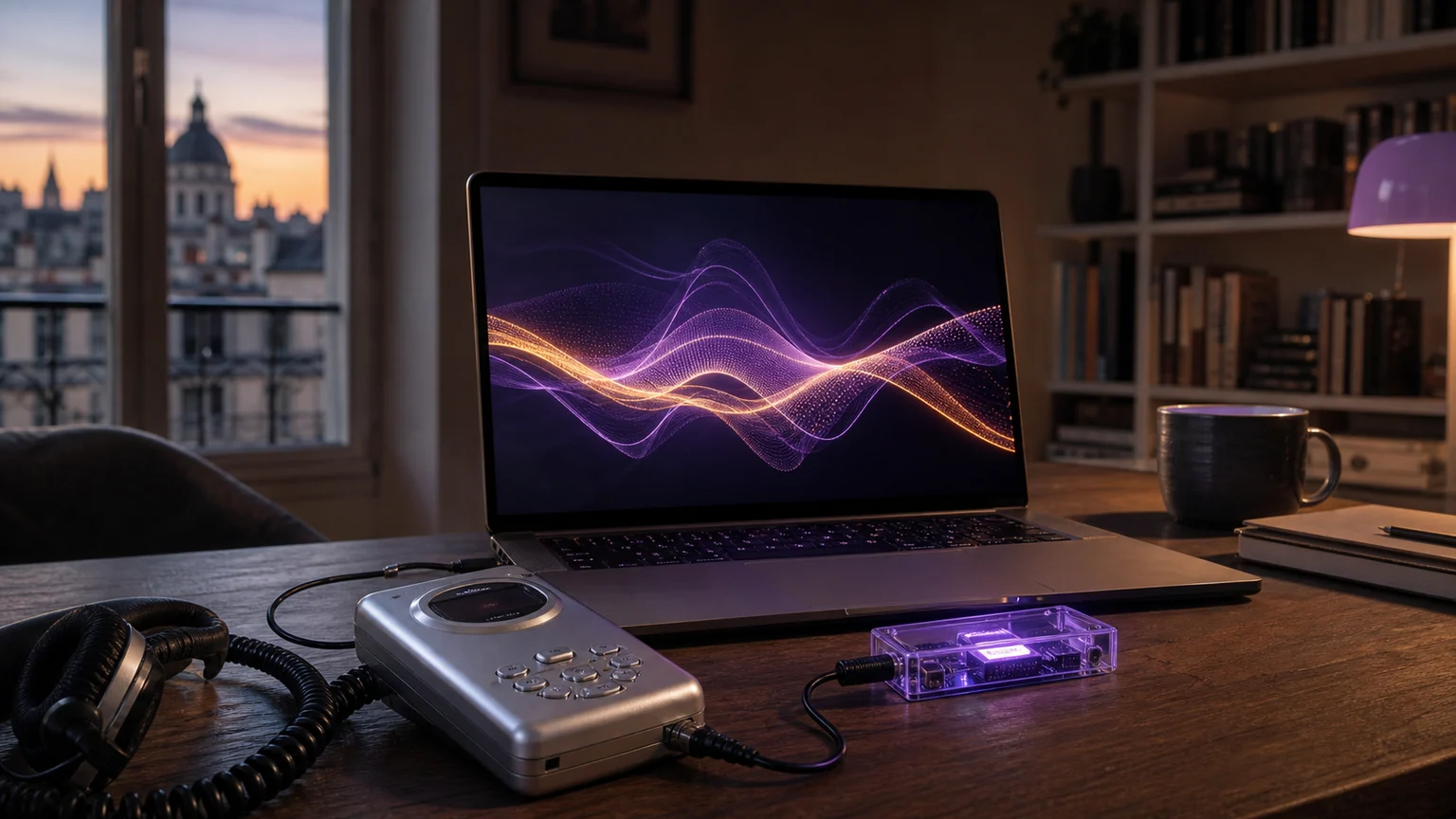 Un lecteur musical au design rétro relié par un câble à un module violet, devant un ordinateur affichant des ondes musicales abstraites.