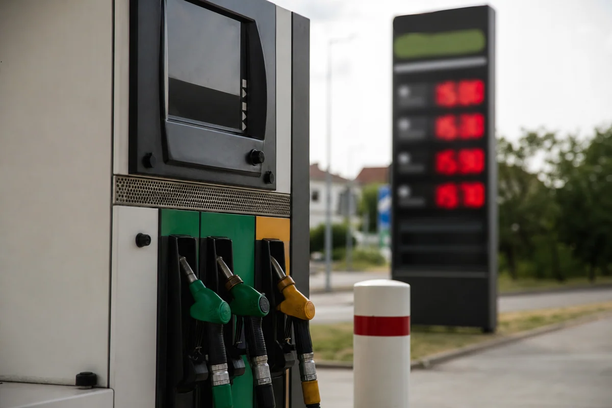 Pompe à carburant non identifiée dans une station-service française, avec affichage des prix volontairement flou.
