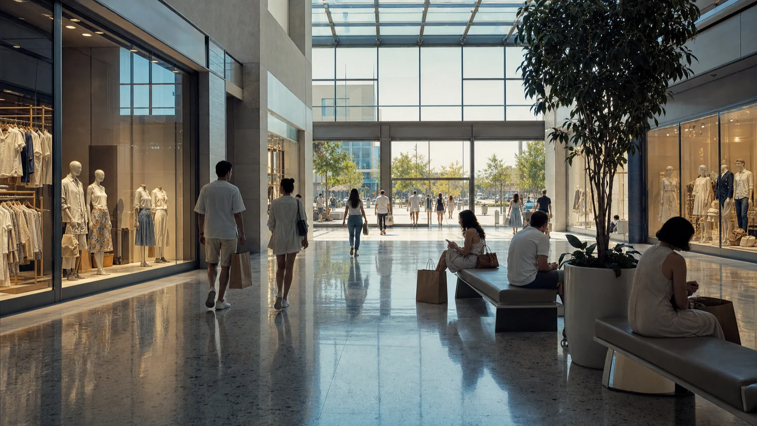 Intérieur frais d’un centre commercial français, avec des visiteurs anonymes et la chaleur estivale visible à travers les verrières.