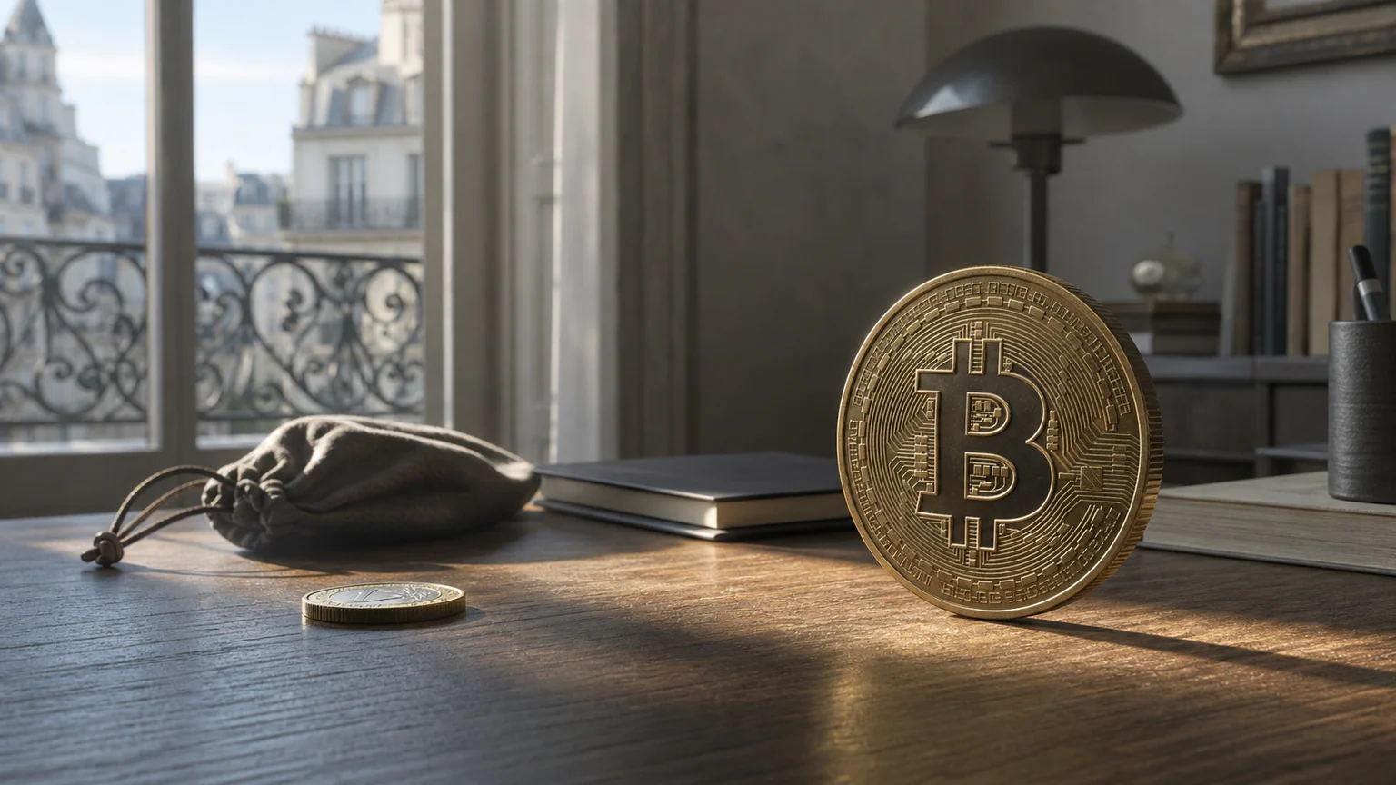 Jeton Bitcoin portant le symbole ₿ sur un bureau parisien éclairé par la lumière du matin.