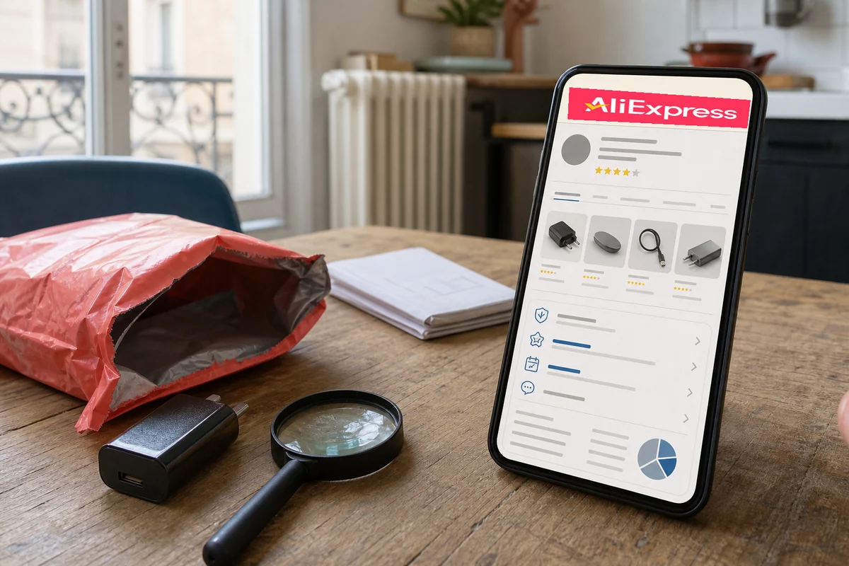 Dans un appartement français, un colis AliExpress ouvert est vérifié à côté d’un téléphone affichant la page d’un vendeur de la place de marché.