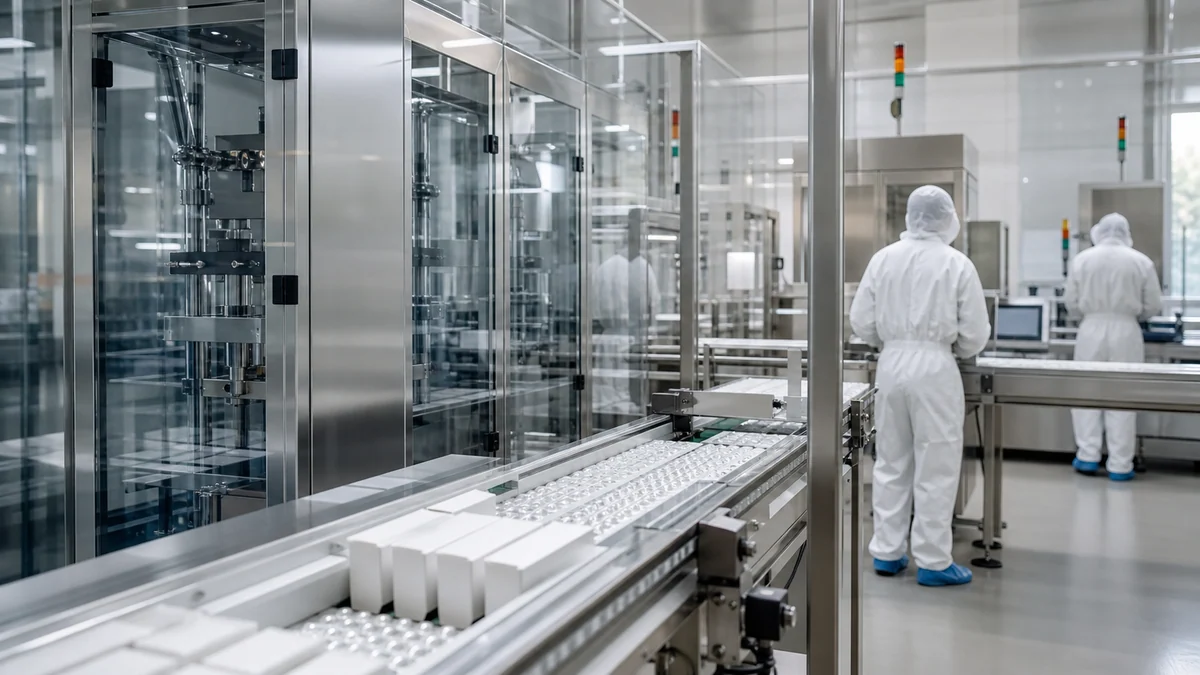 Ligne de production pharmaceutique neutre avec équipements en acier et opérateurs non identifiables en tenue de protection.