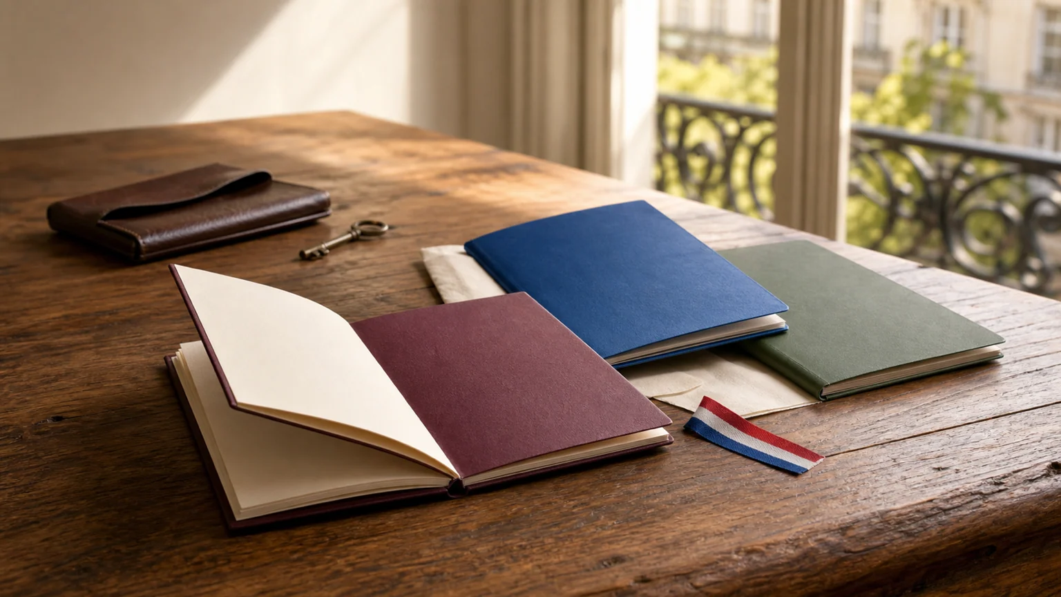 Trois livrets d’épargne sans inscription, dont un livret bordeaux placé au premier plan, sur une table d’appartement français.