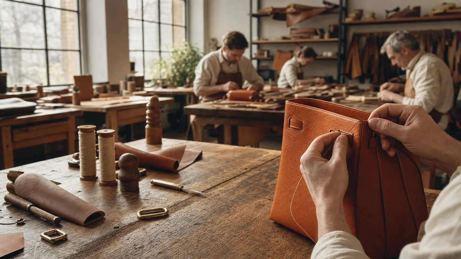 Illustration éditoriale d'un atelier français de maroquinerie : un artisan assemble à la main un sac de cuir orange sur un établi.