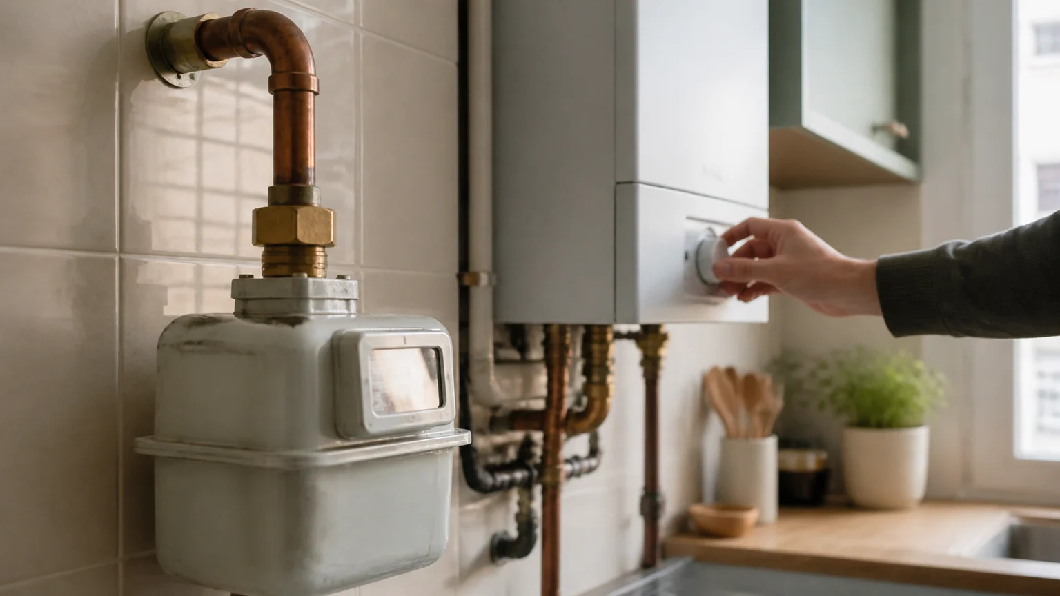 Compteur de gaz domestique relié à une chaudière murale dans une cuisine, tandis qu’une main règle un thermostat mécanique.