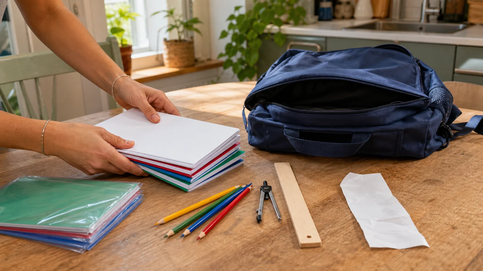 Des mains trient des cahiers, des crayons et d’autres fournitures neuves près d’un cartable ouvert sur une table de cuisine.