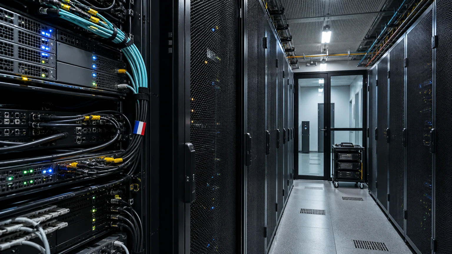 Allée d’un centre informatique, bordée de baies de serveurs et de câbles réseau, avec une discrète attache tricolore.