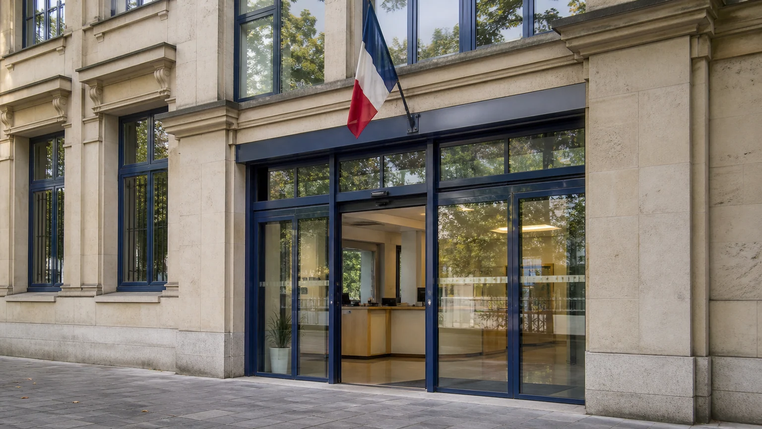Illustration d'une entrée d'administration financière française, avec drapeau tricolore et accueil aperçu derrière les portes vitrées.