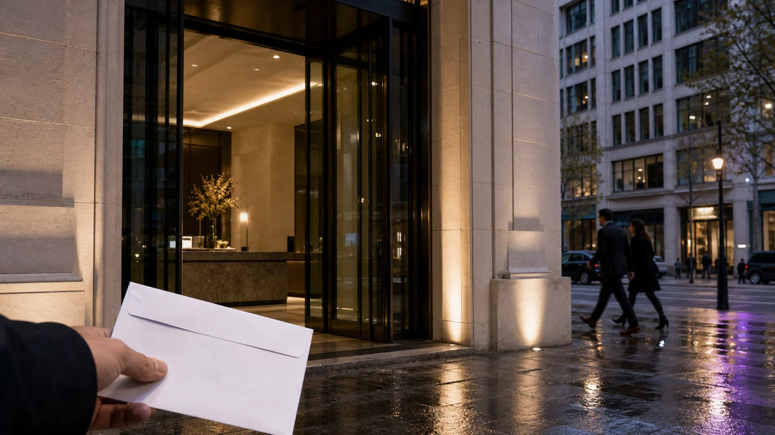 Entrée vitrée d'un immeuble de bureaux bancaires contemporain à Paris, éclairée au crépuscule, avec une enveloppe neutre au premier plan.
