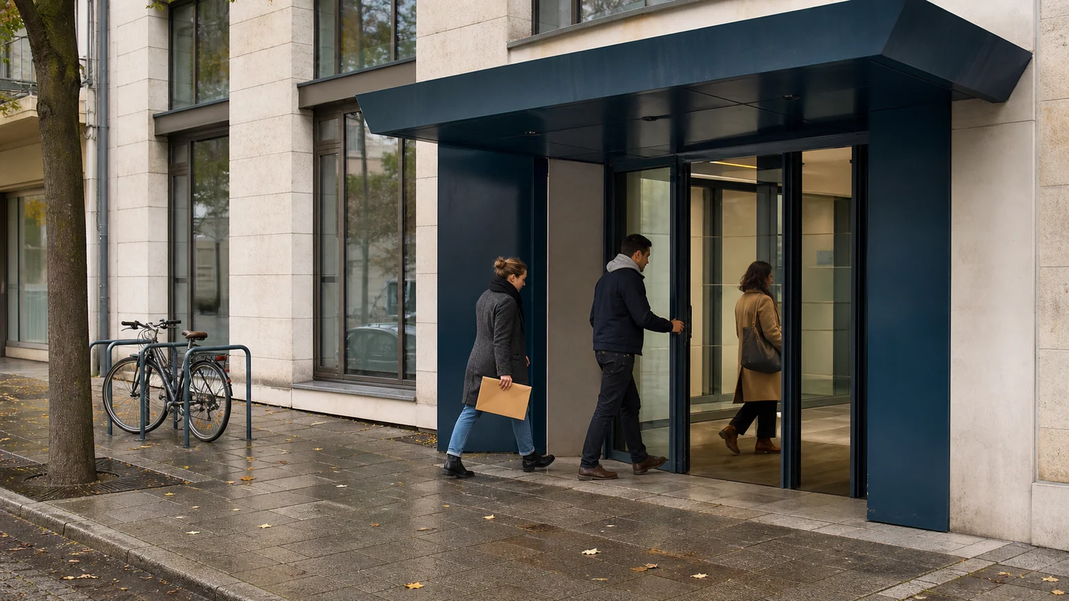 Illustration d’une entrée d’agence du service public de l’emploi, dans une rue française, avec trois visiteurs anonymes.
