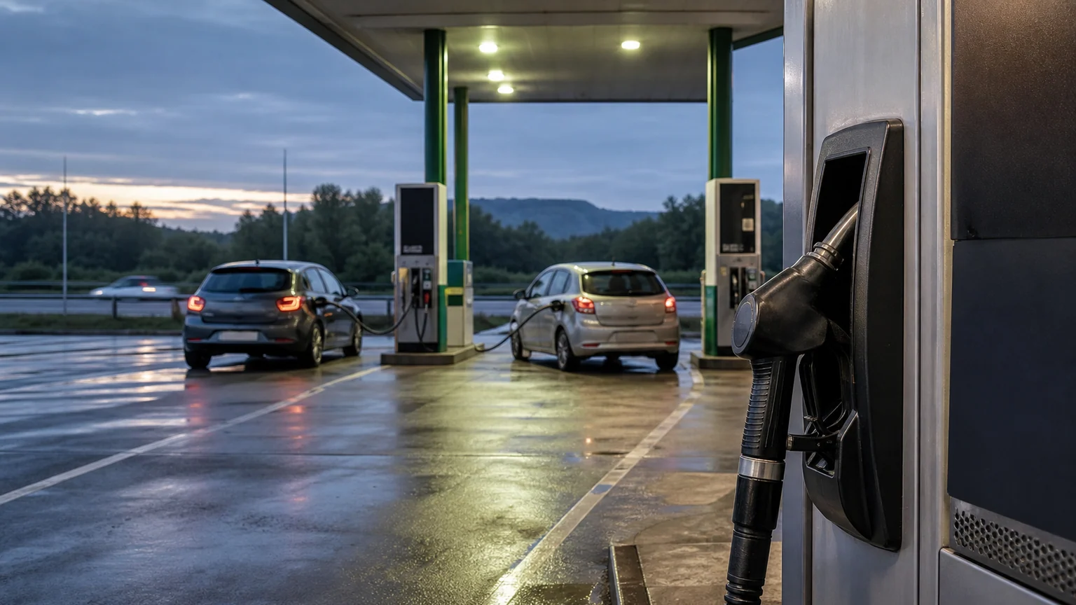Pistolet de pompe à carburant au premier plan dans une station-service allemande au petit matin, avec deux voitures en ravitaillement.