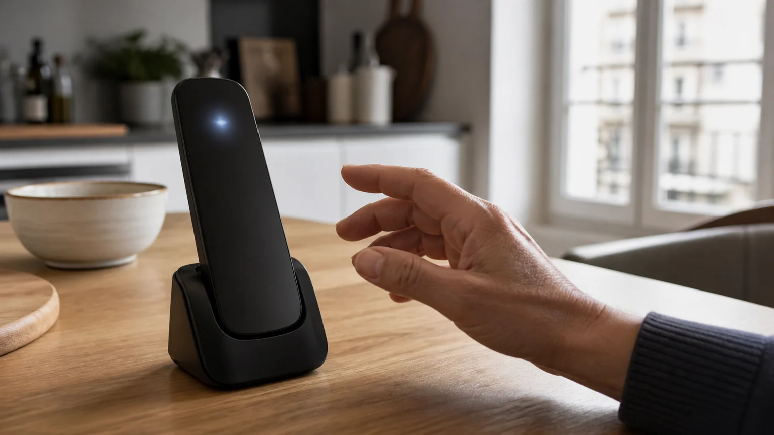 Un téléphone fixe noir sans marquage repose sur une table de cuisine tandis qu’une main hésite à décrocher.