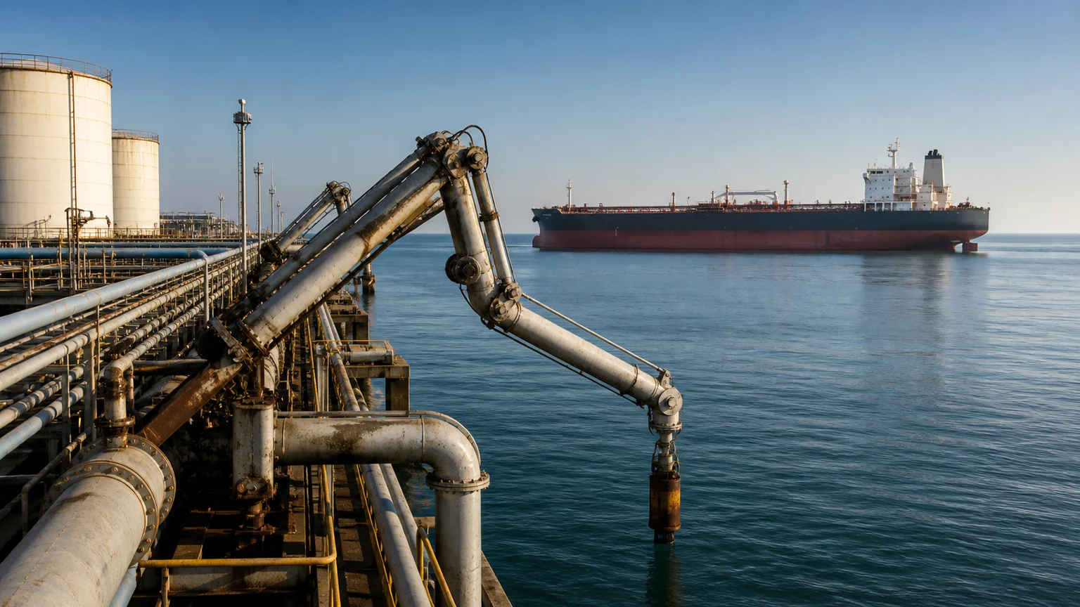 Bras de chargement, conduites et cuves d’un terminal pétrolier maritime, avec un pétrolier au large.