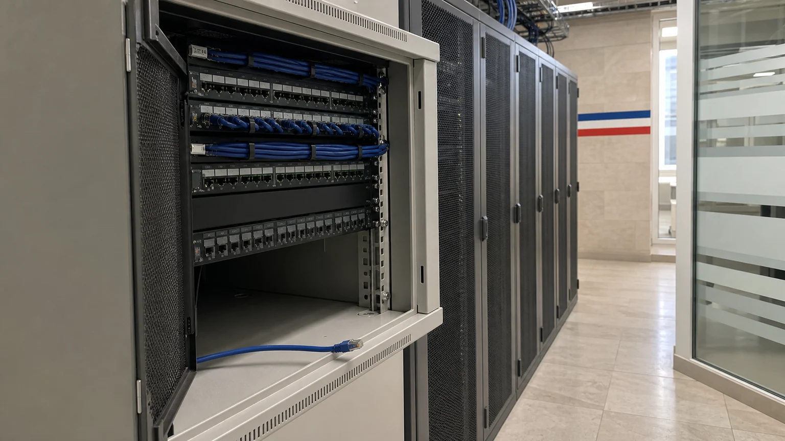 Illustration d'une baie réseau ouverte dans une salle informatique administrative française, avec un câble Ethernet débranché au premier plan.