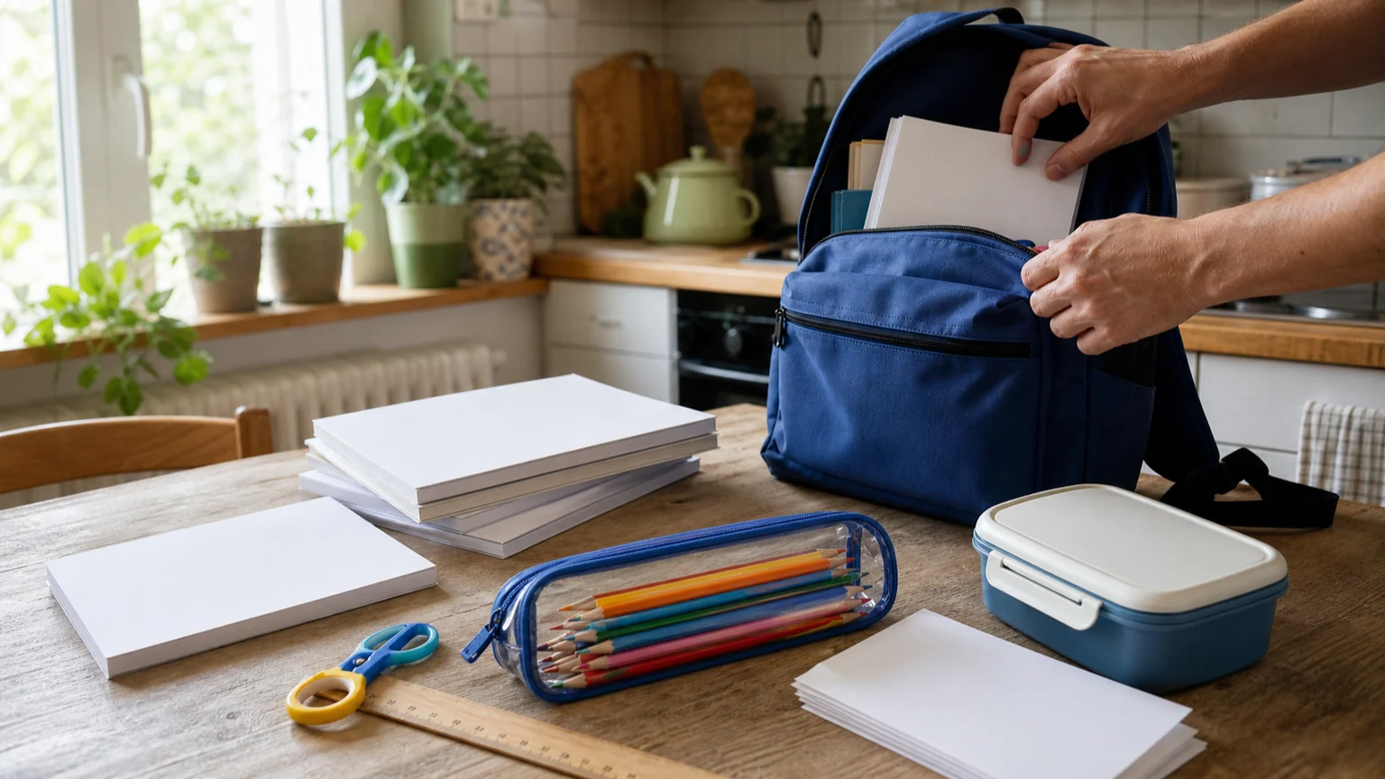 Des mains rangent des cahiers vierges et une trousse de crayons dans un sac d’école bleu, sur une table de cuisine.