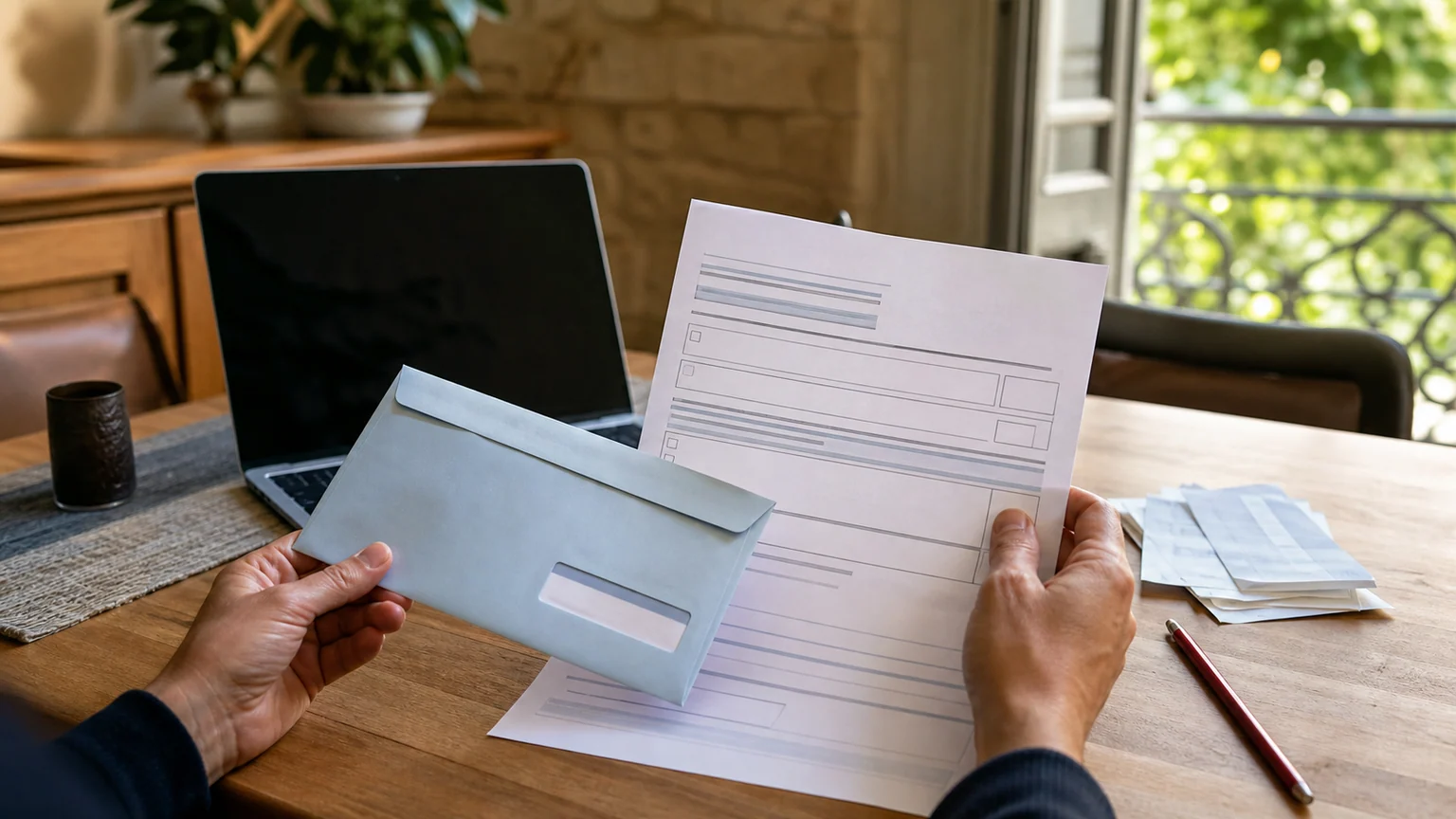 Deux mains relisent un document fiscal sans texte lisible, avec une enveloppe bleue, un crayon rouge et un ordinateur à écran éteint sur une table de logement.