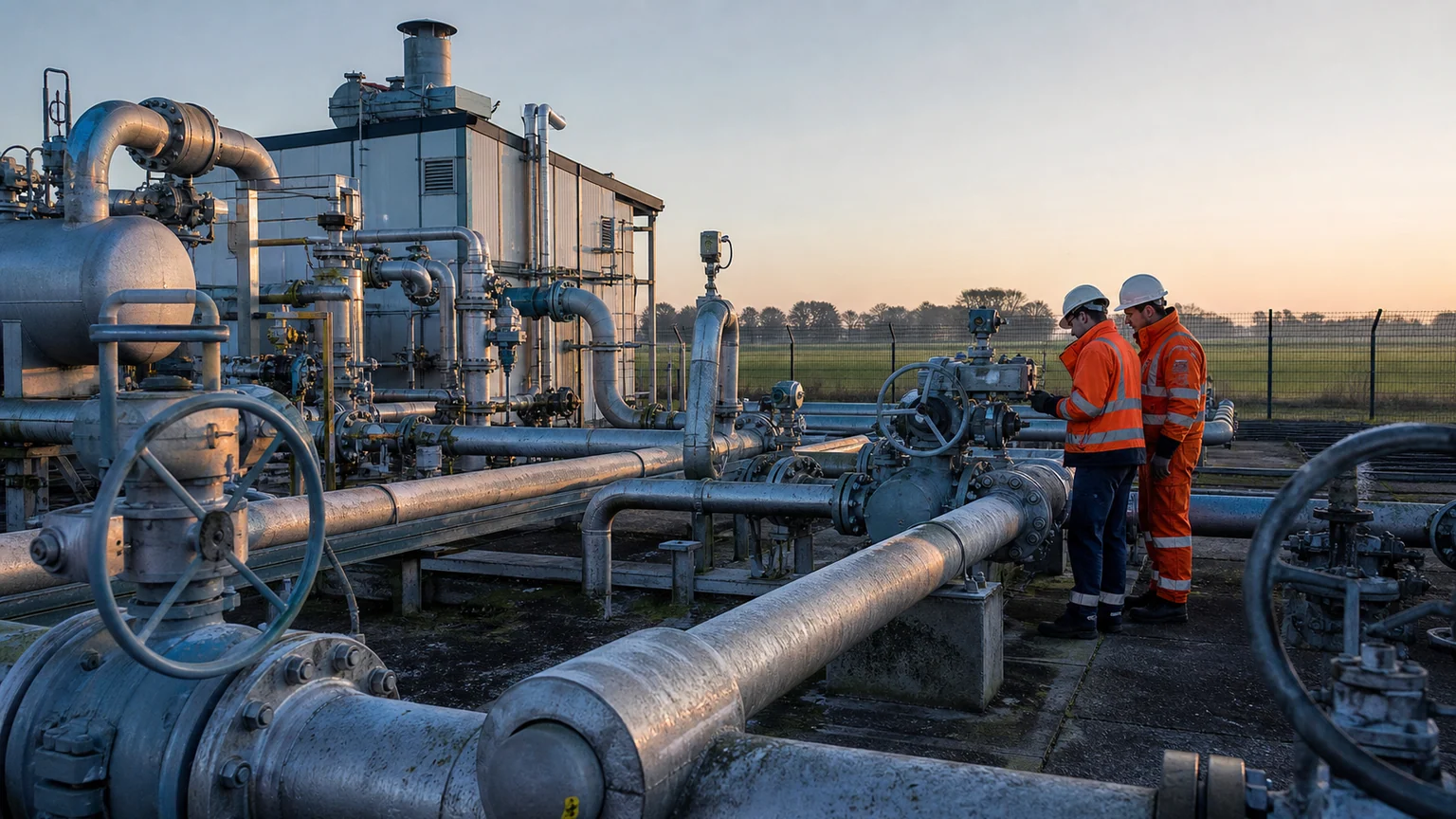 Techniciens contrôlant des vannes et des canalisations sur une installation de stockage souterrain de gaz, au petit matin.