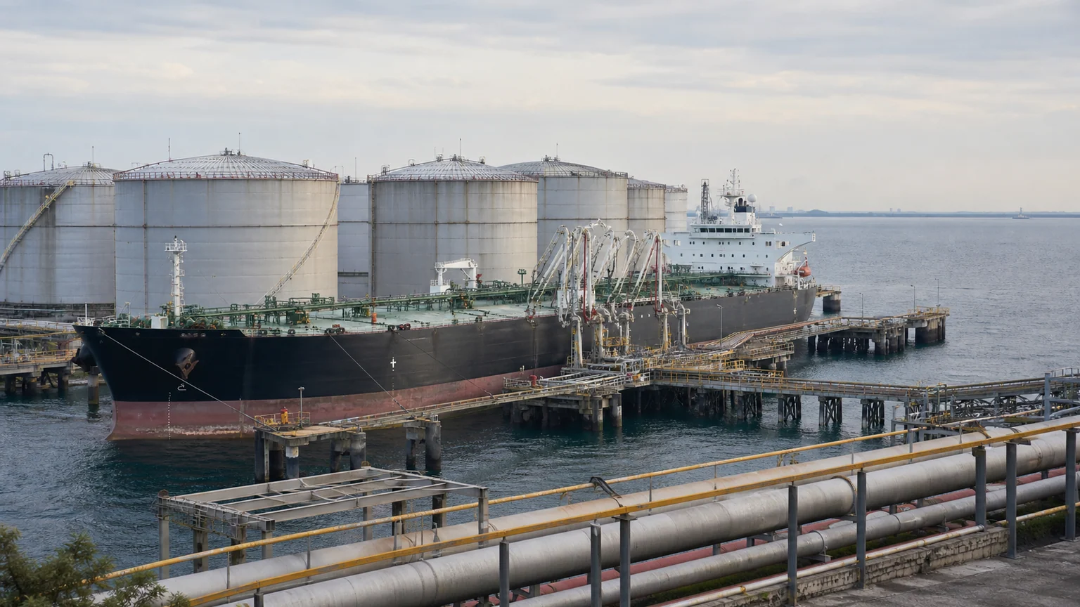 Pétrolier à quai relié à des bras de chargement, devant des cuves de stockage dans un terminal maritime.