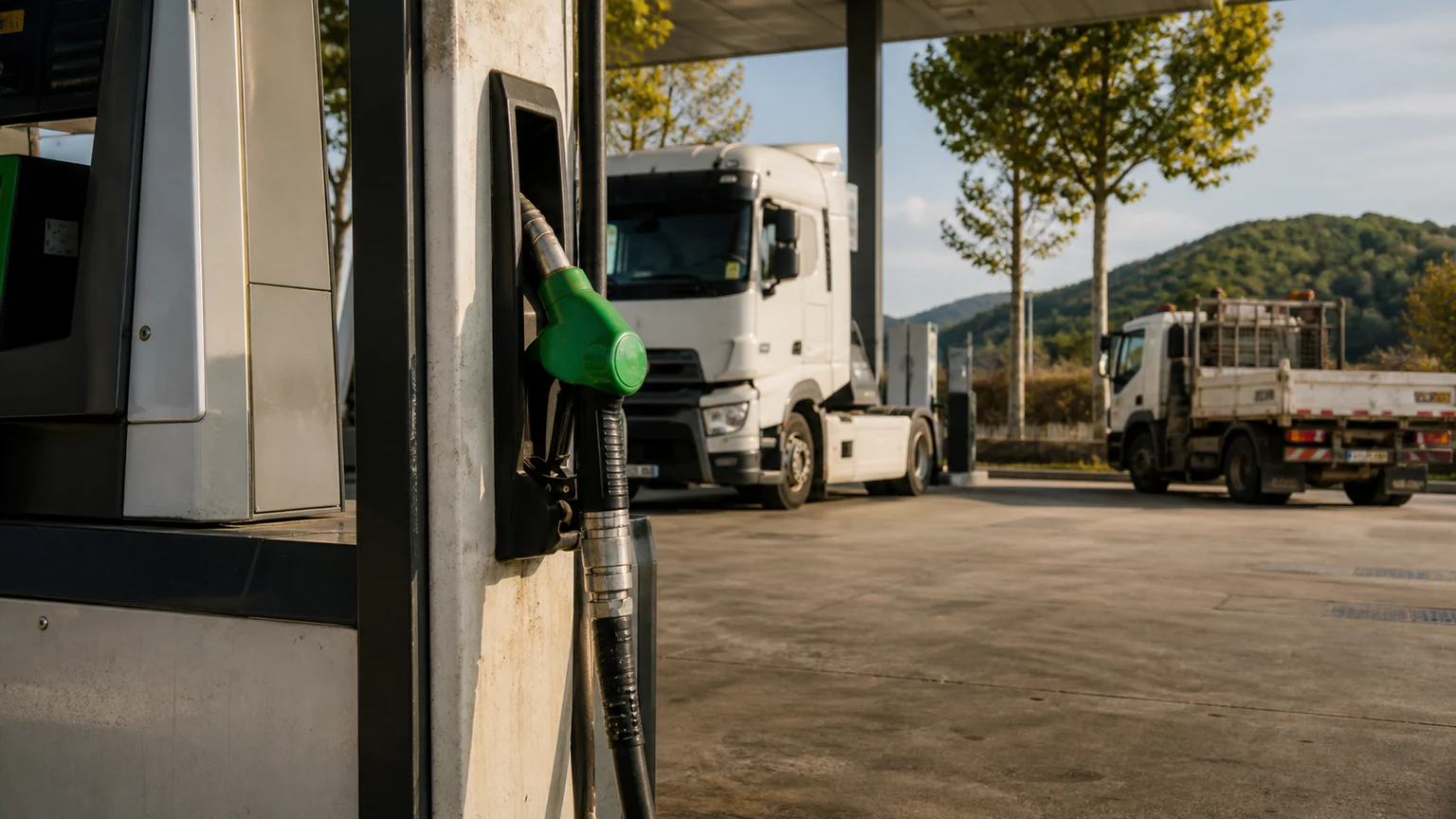 Aides carburant et guichets ouverts — pompe verte rangée dans une station-service française, avec un poids lourd et un véhicule de chantier au second plan.