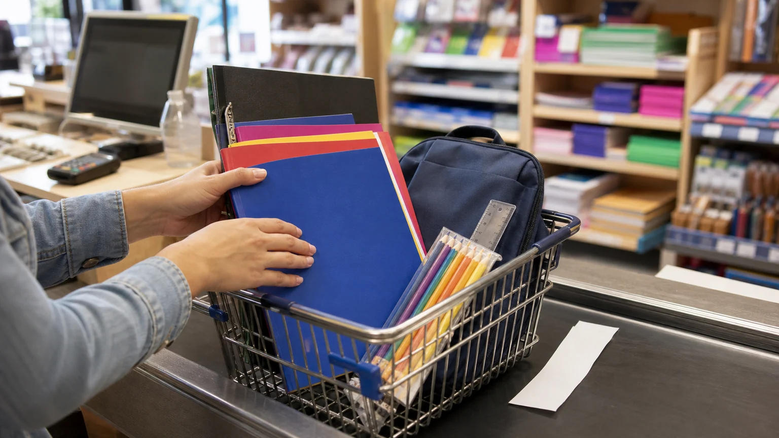 Allocation de rentrée scolaire et dépenses des familles — mains rangeant cahiers, crayons, règle et sac sans marque dans un panier à la caisse d'une papeterie française.