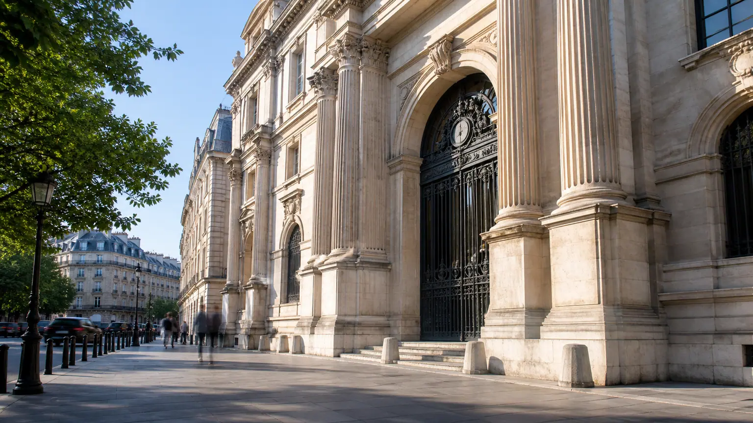 Annulation de la dette française — façade monumentale d'une banque centrale parisienne, grilles ouvragées et passants flous dans une lumière de fin d'été.