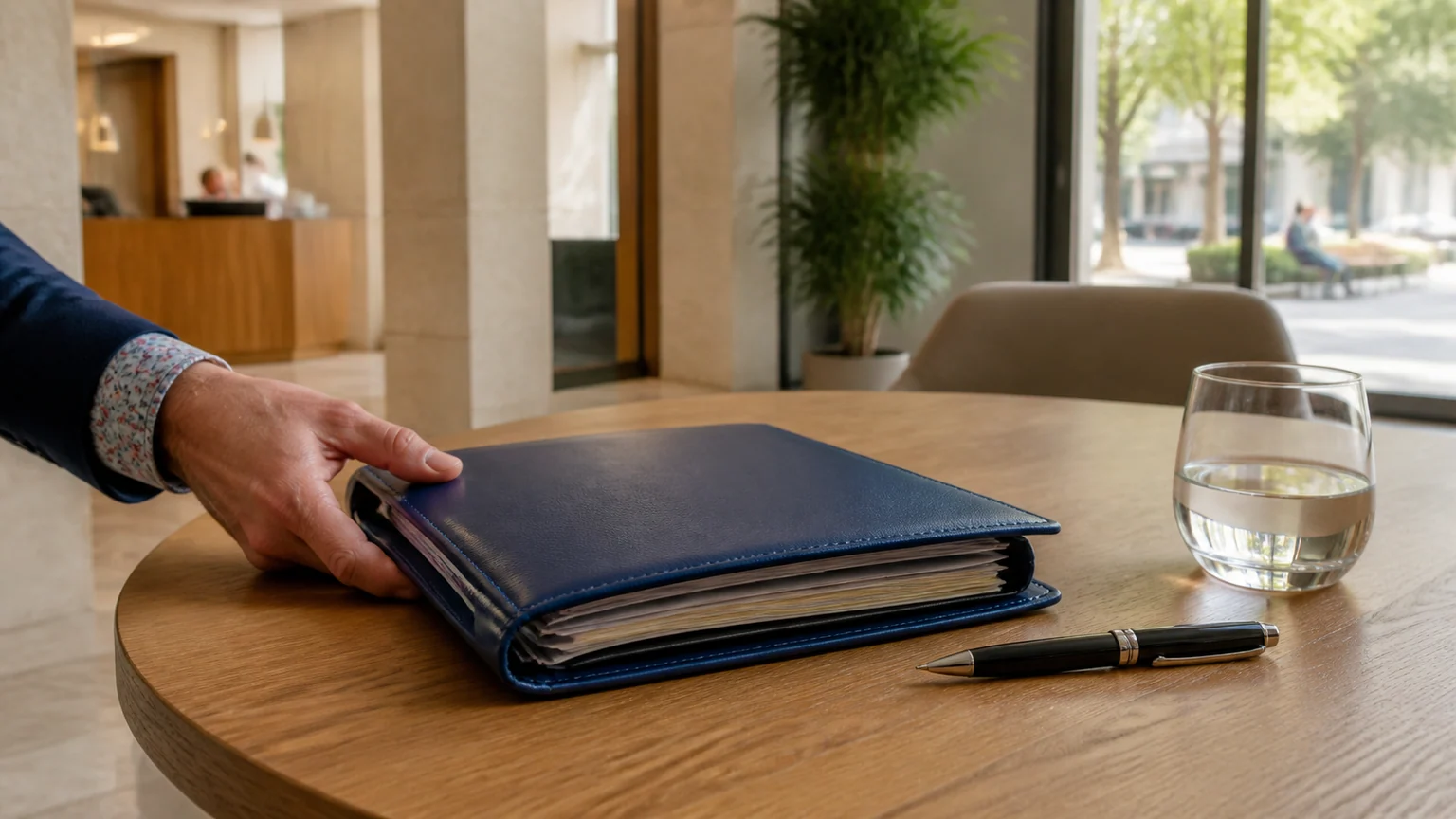 Assurance-vie et versements sur les contrats — dossier bleu posé par une main sur une table de rendez-vous dans une agence bancaire française lumineuse.