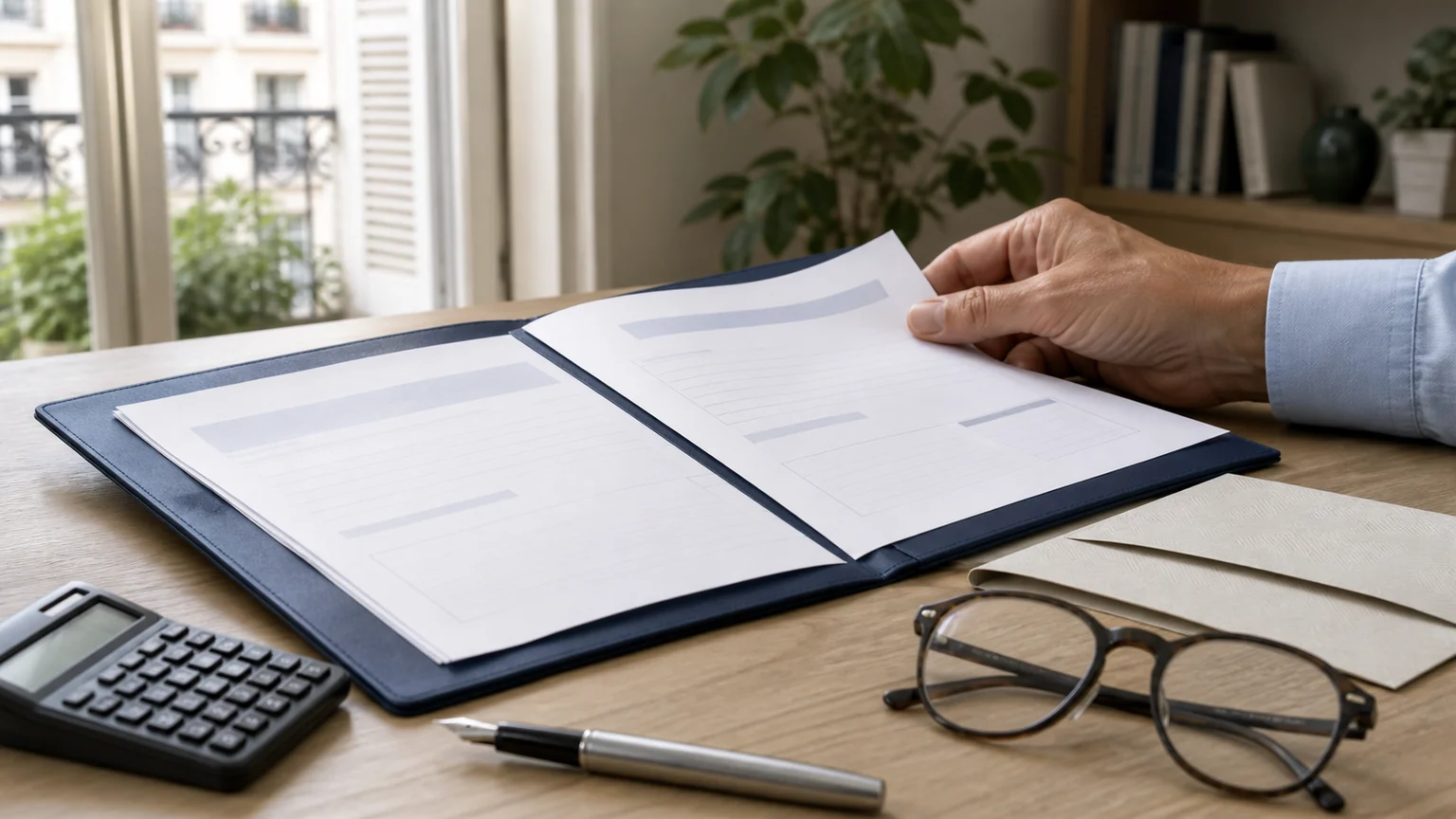 Assurance-vie et collecte de juillet — main comparant deux relevés sans texte lisible dans un porte-documents bleu, sur une table en bois éclairée par le matin.