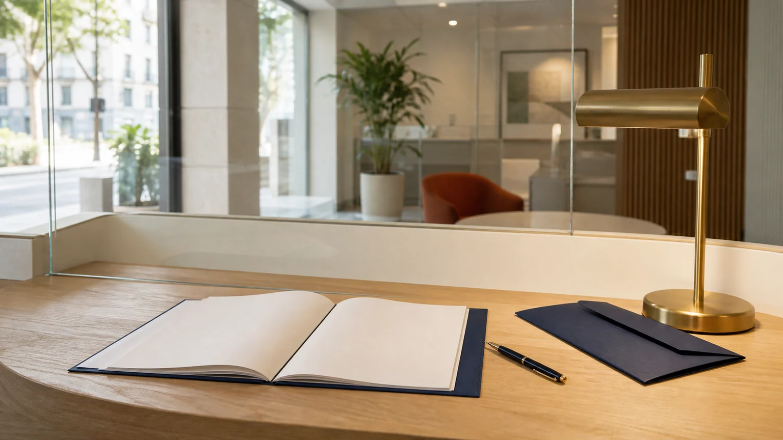 Assurance-vie et épargne des Français — dossier de souscription ouvert sur une table d’accueil d’agence bancaire, avec stylo et séparation vitrée.