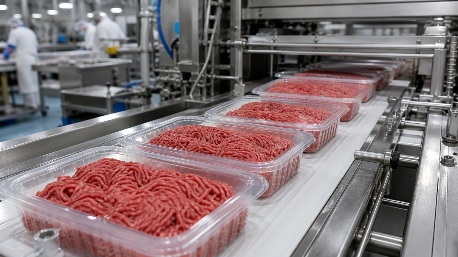 Projet Trump sur le boeuf haché — barquettes neutres de viande sur un convoyeur dans une usine de conditionnement américaine.