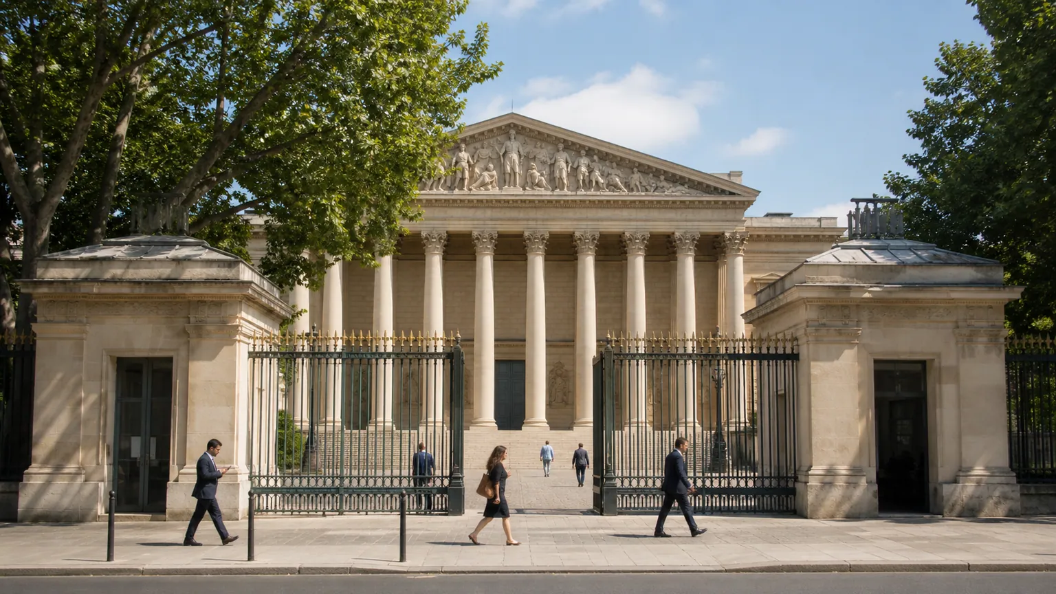 Budget 2027 sous régime transitoire — façade néoclassique française derrière des grilles, passants non identifiables et lumière de fin d’été.