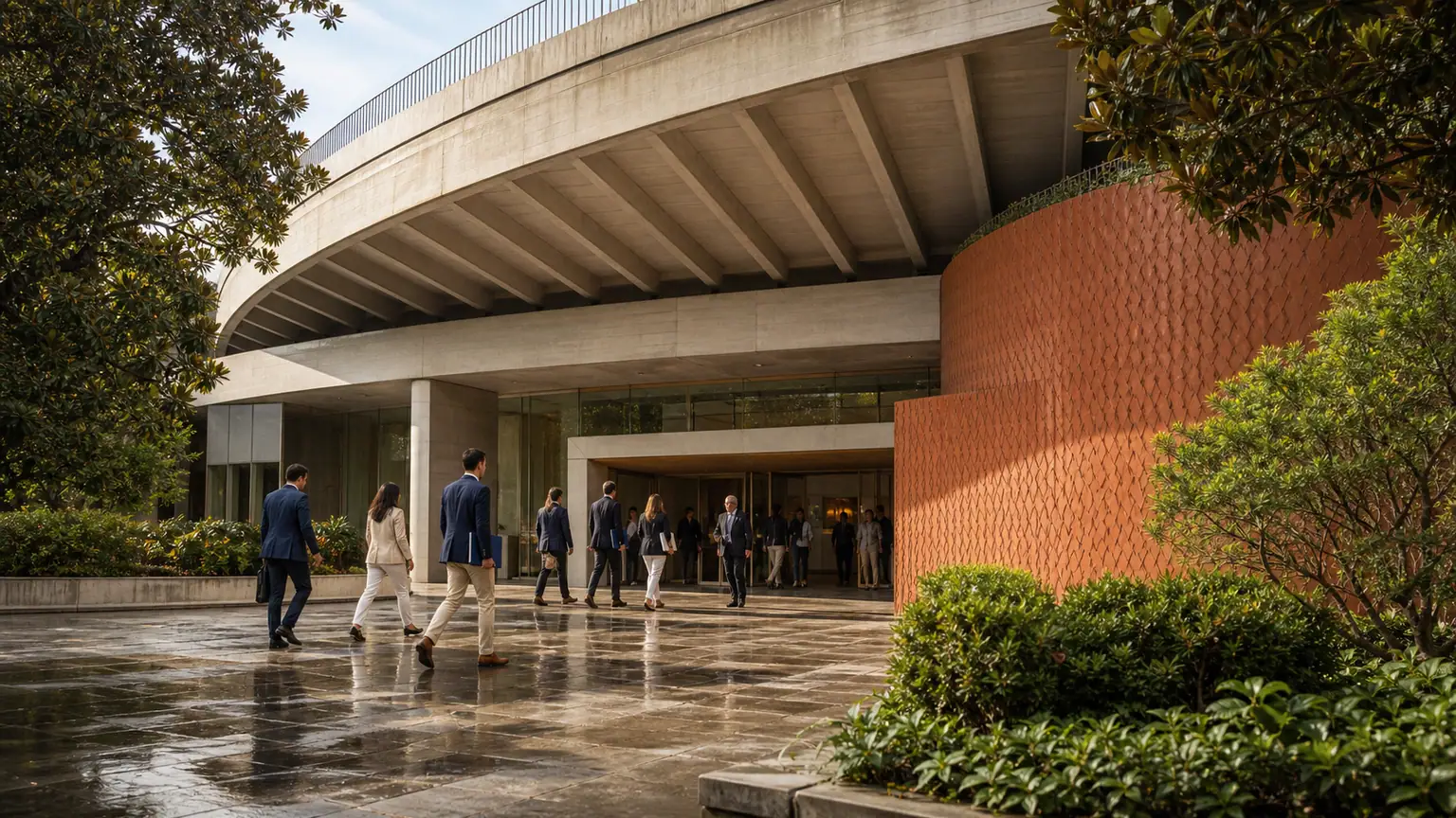 Pacte Dutreil dans le budget 2027 — entrée d’un centre de conférences parisien, participants arrivant sur des pavés mouillés sous une lumière de fin d’été.