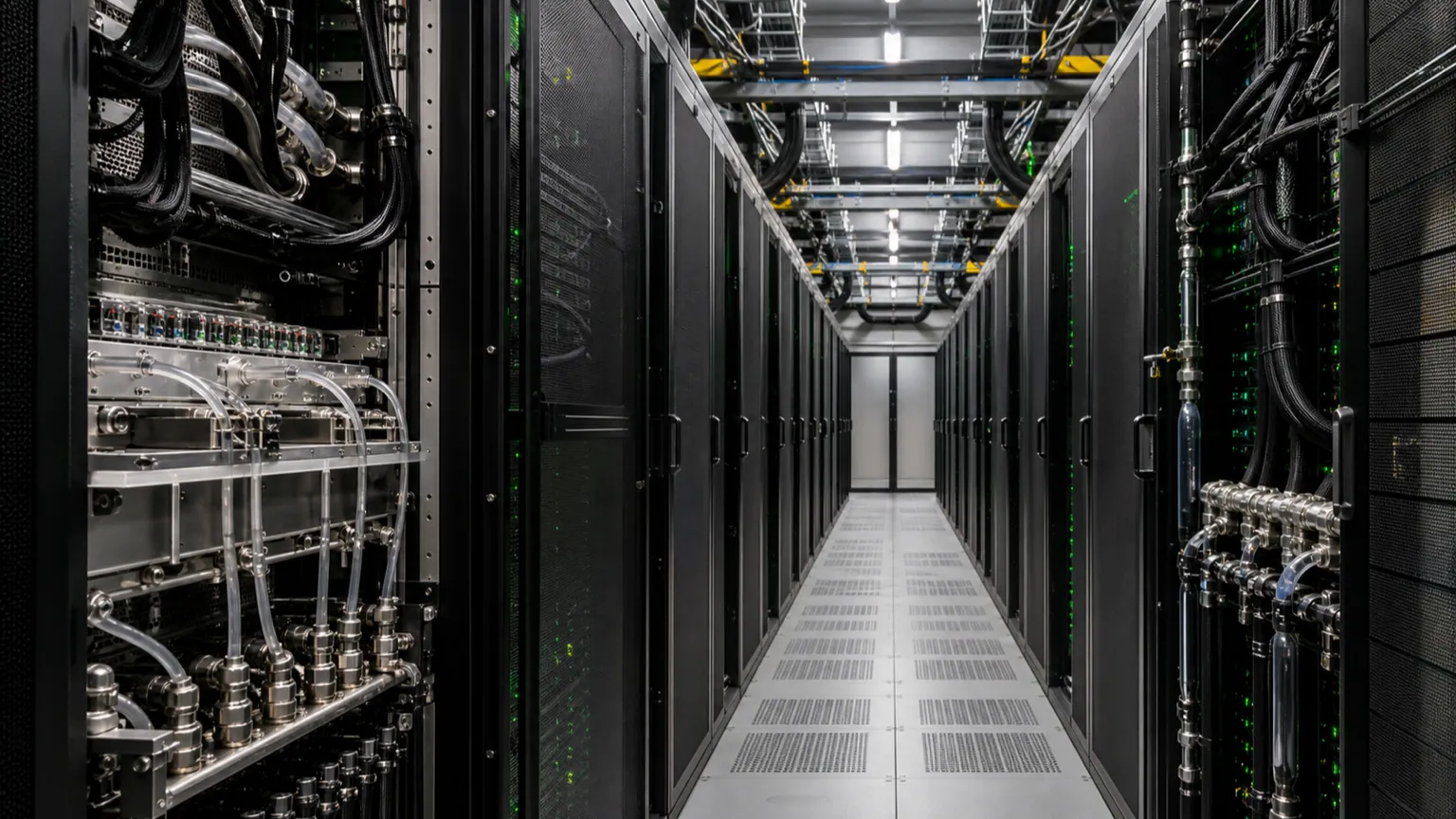 Nvidia et le CAC 40 — allée technique d’un centre de calcul avec baies de serveurs, câbles réseau et circuits de refroidissement visibles.
