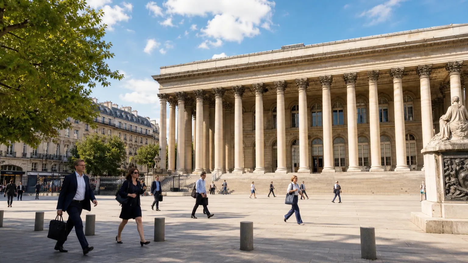 CAC 40 reprend autour de la Bourse de Paris — colonnade du Palais Brongniart et passants traversant la place sous la lumière du matin.