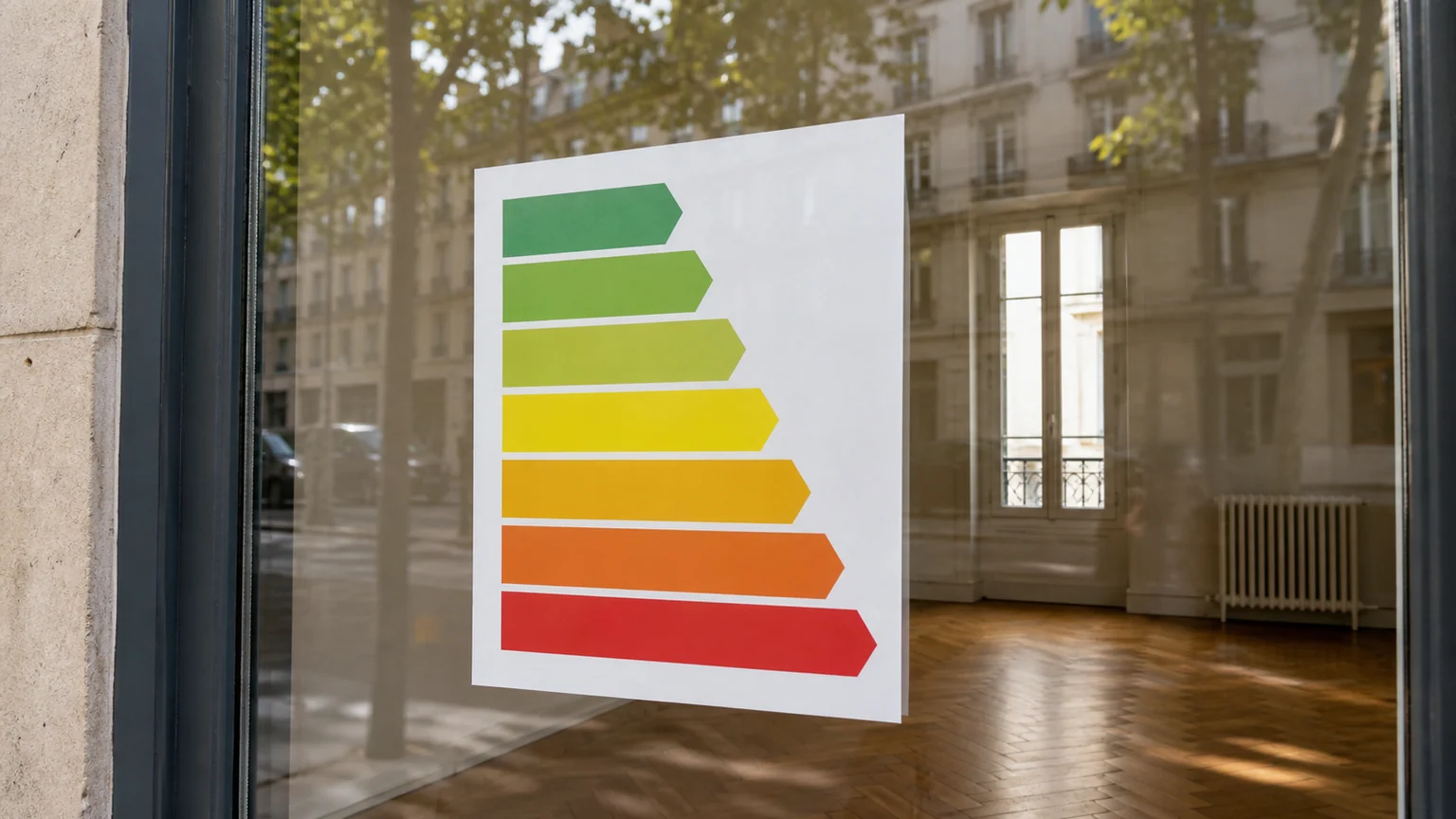 DPE et électricité à partir de 2027 — étiquette énergie non officielle sans texte sur la vitre d'une agence immobilière française, appartement vide derrière.
