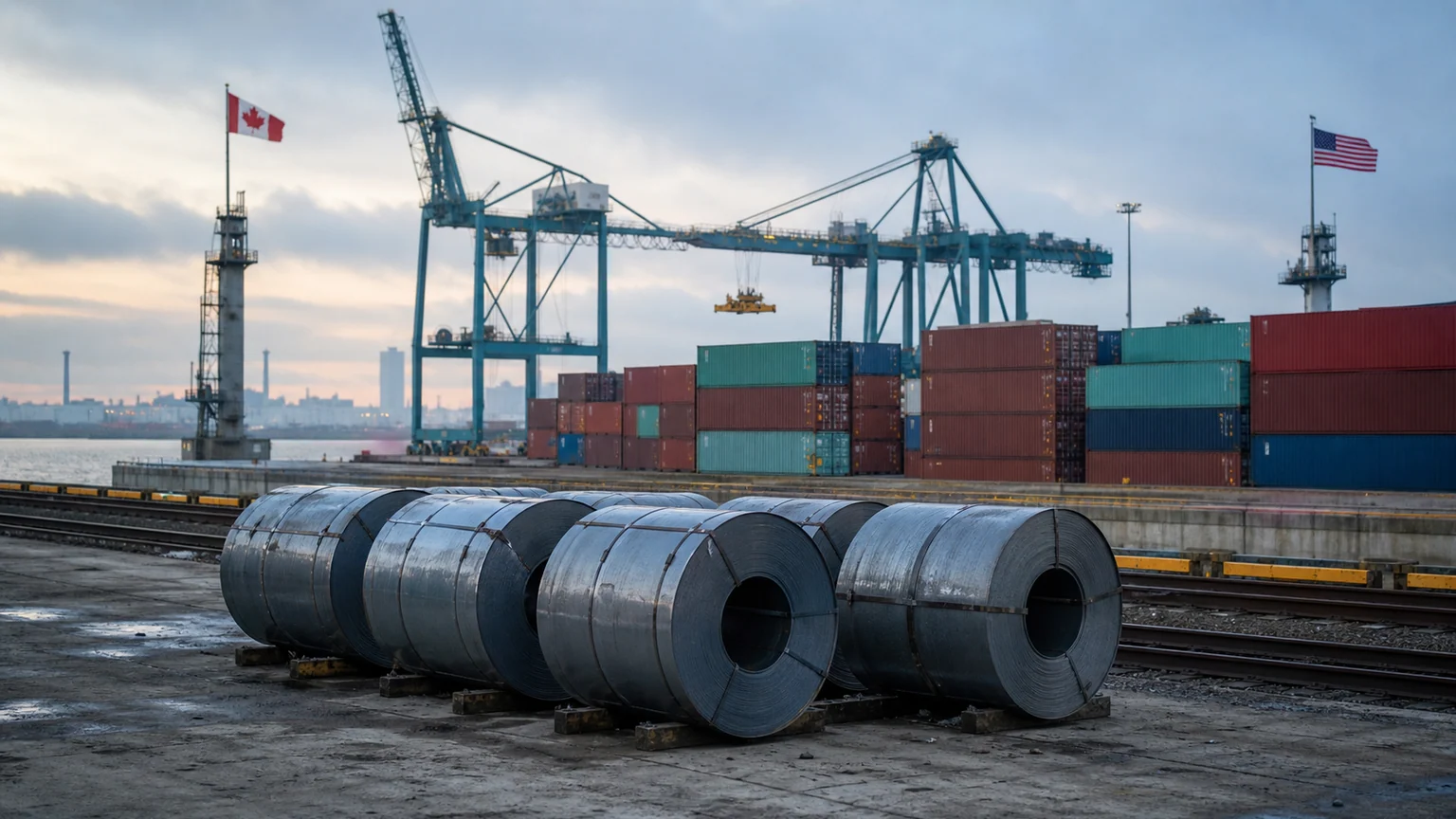 Canada face aux droits de douane — bobines d’acier, conteneurs et grues d’un terminal de fret nord-américain à l’aube.