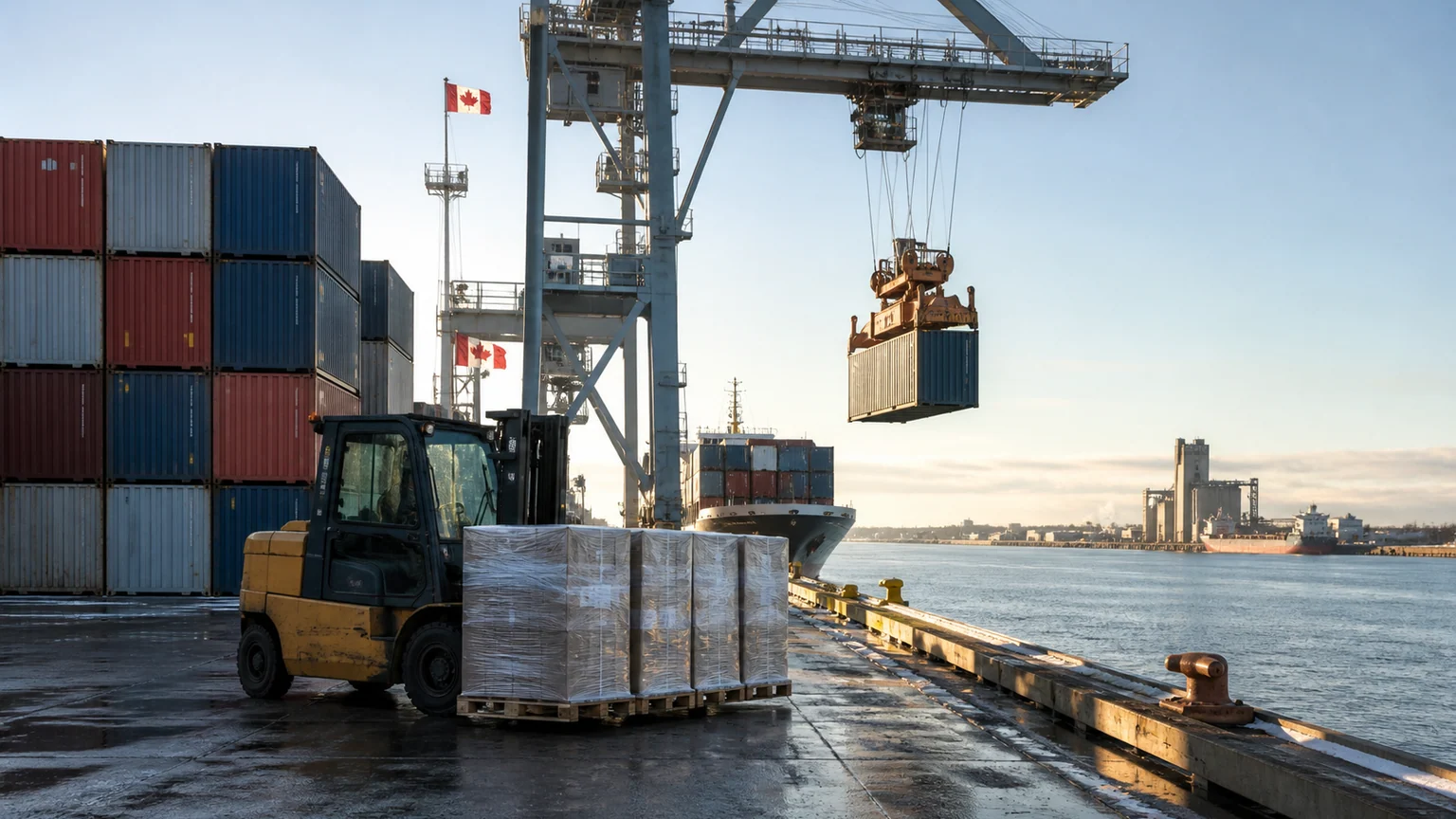 Canada surtaxes produits américains — terminal portuaire canadien au petit matin, palettes neutres, conteneurs et grue de manutention sur le quai.